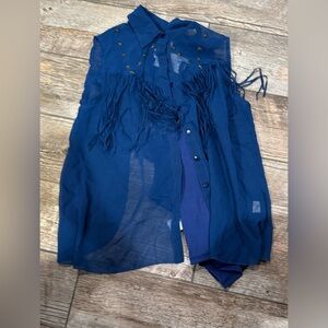 Sheer Blue Button-Up Fringe Top
